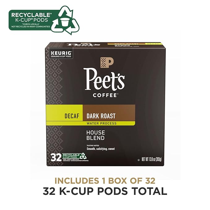 Peet's Coffee, Dark Roast Decaf Single Serve Coffee Pods - Decaf House Blend 32 Count (1 Box of 32 Pods)
