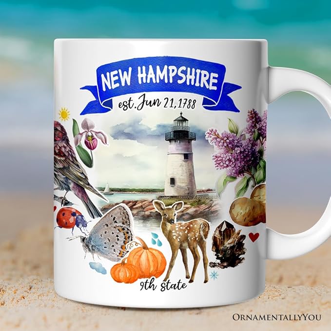 OrnamentallyYou State Travel Landmark Mugs – 12 oz Ceramic Coffee Cups, U.S. Souvenir Gift for Tourists (Artistic New Hampshire State Themes and Landmarks Mug)