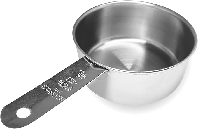 1/2 Cup Stainless Steel Measuring Cup | Sturdy Metal 125 ml | 125 cc | 4 oz | Single Cup for Wet and Dry Ingredients | Great for use as 1/2 Cup Dog Food Scoop - 1 PK