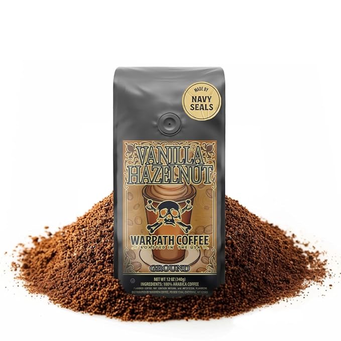 Warpath Coffee Light Roast Ground Coffee, Vanilla Hazelnut Blend, High Caffeine, Extra Strong Roasted 100% Arabica Coffee Ground Beans, Rich Aroma, Full Bodied Intense Cup, Created by Navy SEALs, 12oz