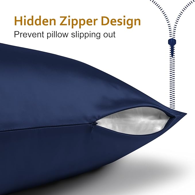 Ravmix Silk Pillow Cases with Zipper, 21momme Mulberry Silk Pillowcase for Hair Skin Health, Soft Smooth Breathable Cool Pillow Cover for Beauty Sleep with Gift Box 1PC(Standard 20"x26", Navy Blue)