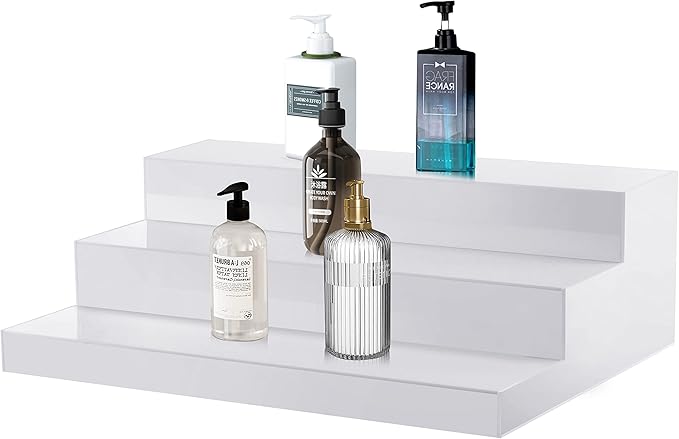 CiaoHER Large Acrylic Wine Liquor Bottle Rack 3 Tier White Countertop Riser Display for Bar Coffee Leisure Station Retail Store Shop Grocery Collection Organizer Stand (24''-1pack)
