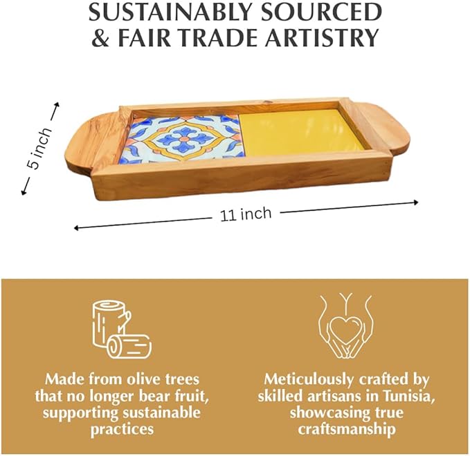 Kamsah Olive Wood Serving Tray with Handles (L:11”, W:5”) Decorative Rectangle Serving Trays for Serving Food, Drinks, Tea, Coffee - Rustic Vintage Wooden Serving Tray for Table & Gifts - Alhambra