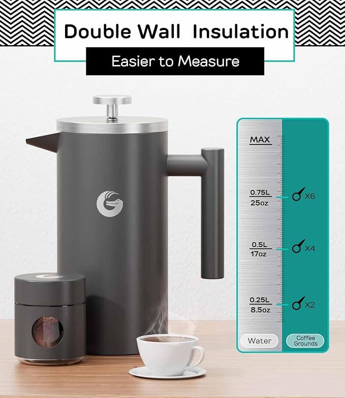 Coffee Gator 304 Grade Stainless Steel French Press Coffee Maker 34 oz, Double Wall Insulated Hot Cold Brew Teapot with 4-Level Filtration System, Include Travel Jar Canister, Rust-Free, Kitchen, Gray