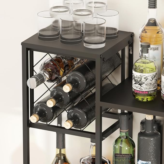 Metal Wall Mounted Wine Rack 2 Tier, Bar Shelves for Liquor Bottles with Glass Holder Storage, Floating Liquor Wall Shelf for Home Bar Kitchen Dining Room (Black)