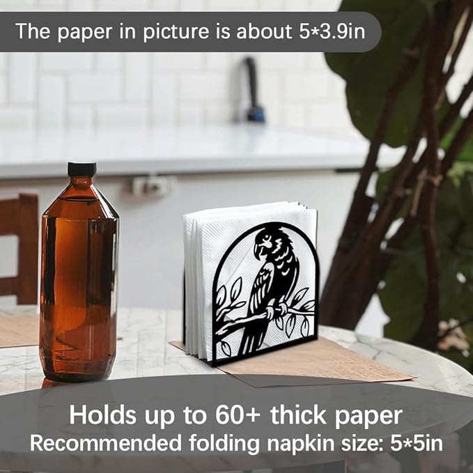 Parrot on Branch Decorative Black Metal Napkin Holder for Table, 4.9" x 5.3" x 1.9" Parrot Bird Standing Napkin Holder for Home Kitchen Restaurant Picnic Party Coffee Bar Room