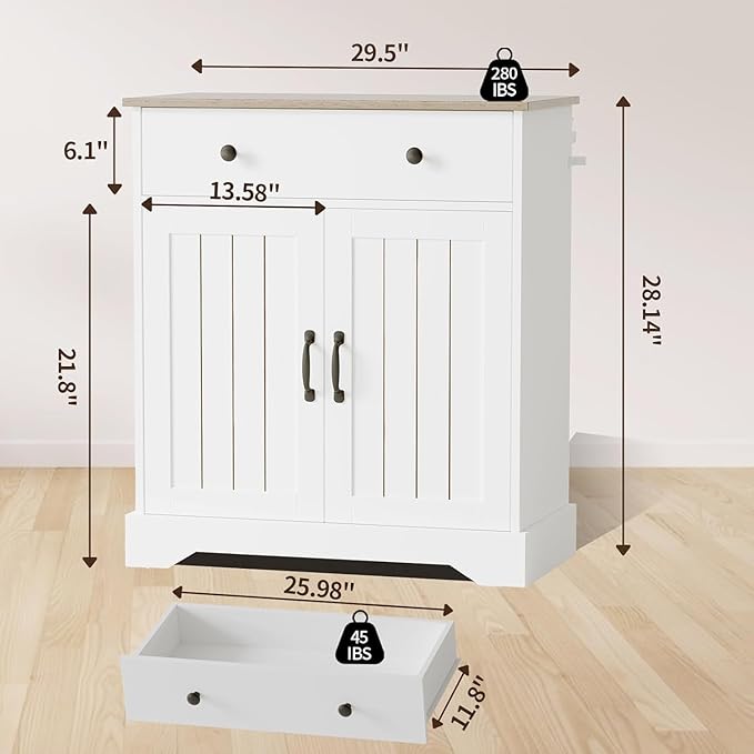 29.5'' White Wood Buffet Cabinet with Adjustable Shelves and Doors, Versatile Coffee Bar Storage for Living Room, Entryway, Dining Room, and Kitchen Pantry