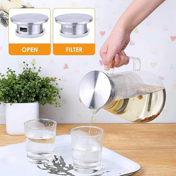 Hwagui - Large Heat Resistant Glass Pitcher with Stainless Steel Lid, Water Carafe with Handle, Good Beverage Pitcher for Homemade Juice and Iced Tea, 1800ml/61oz