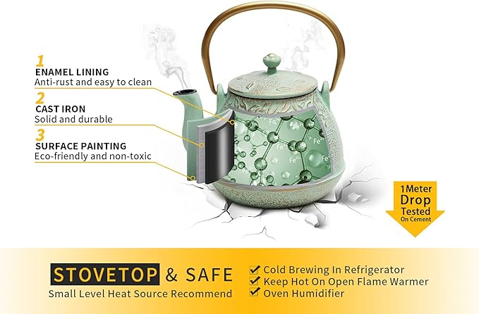 Tea Kettle, TOPTIER Japanese Cast Iron Teapot with Infuser for Loose Leaf and Tea Bags, Stovetop Safe Cast Iron Tea Kettle Coated with Enameled Interior for 40 oz (1200 ml), Light Green