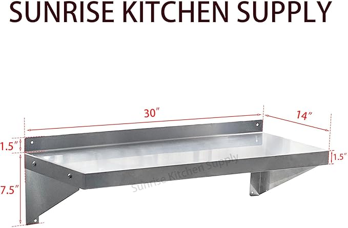SUNRISE Commercial 430 Stainless Steel Kitchen Wall Shelf, NSF Certificated, Wall Mounted, Solid Shelving for Restaurants, Bars & Hotels (14" x 30")