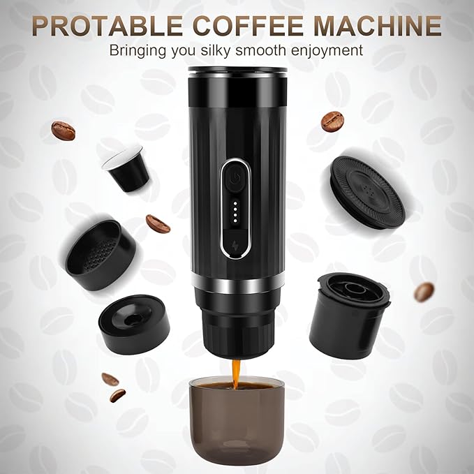 Portable Espresso Machine, Travel Espresso Maker, Car Coffee Maker Self-Heating with USB-C, Compatible with Ground Coffee & Capsules (NS＆DG) for RV, Hiking, Camping, Office