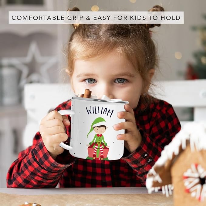 Andaz Press Personalized Name 11oz Kids Christmas Hot Chocolate Stainless Steel Campfire Coffee Mug, Green Boy Xmas Elf Seated, 1-Pack, Custom Birthday Xmas Cup