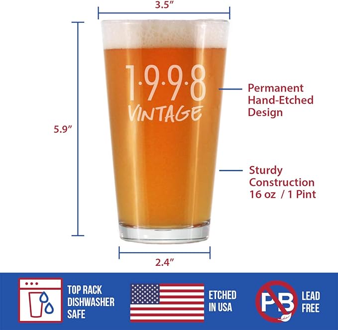 Vintage 1998 Pint Glass for Beer - 27th Birthday Gifts for Men or Women Turning 27 - Fun Bday Party Decor - 16 oz