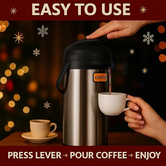 Heritage66 3L Airpot Thermal Coffee Carafe with Cleaning Brush, Triple Wall Vacuum Insulated Stainless Steel Coffee Dispenser, 101oz Pump Pot for Hot & Cold Drinks
