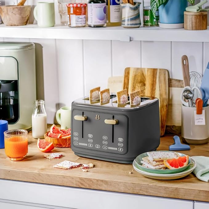Beautiful 4-Slice Toaster by Drew Barrymore – Touch Display, Extra-Wide Slots, Bagel & Frozen Functions, Stainless Steel (Oyster Gray)