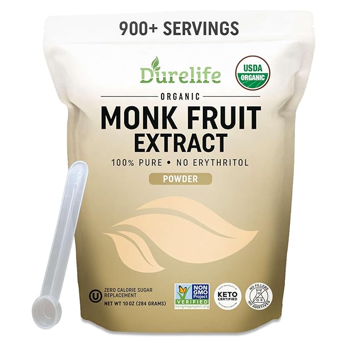 Durelife Organic 100% Pure Monk Fruit sweetener, No Erythritol, Monkfruit Extract Powder, USDA organic NON-GMO Project Verified, Keto Certified OU kosher No Fillers Zero Calorie Sugar Substitute 10 OZ