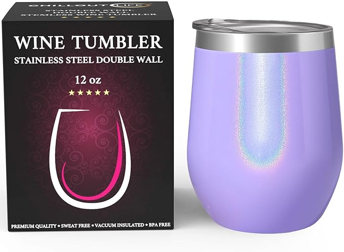 CHILLOUT LIFE 12 oz Stainless Steel Wine Tumbler with Lid - Double Wall Vacuum Insulated Wine Cup Glass Keeping Cold & Hot for Coffee, Champagne, Cocktails, Ice Cream - Purple Sparkle