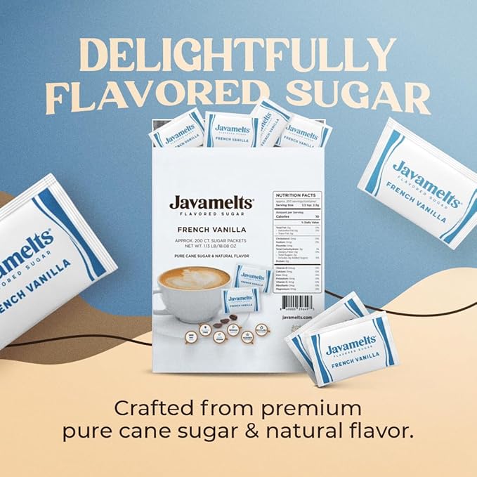 Javamelts French Vanilla Flavored Sugar Packets | Pure Cane Sugar for Baking, Coffee Syrup Substitute, Cocktails, Tea | Non GMO, Non Dairy, Gluten Free, Kosher | 200 Bulk Sugar Packets