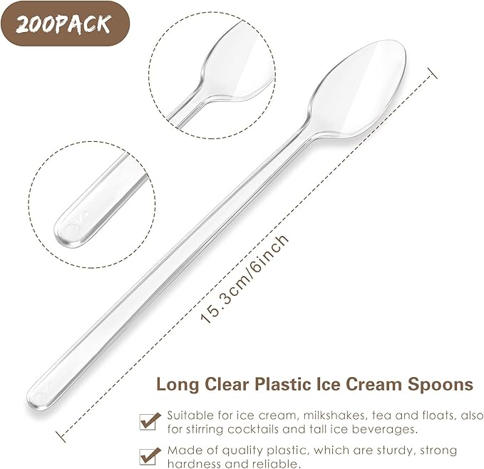 200 Pieces Long Clear Plastic Ice Cream Spoons 7.09 Inch Disposable Utensils Sundae Spoons Long Handle Spoon for Ice Cream, Milkshakes, Tea and Floats, Stirring Cocktails and Tall Beverages