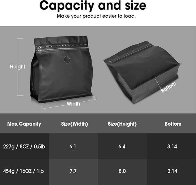 50 Count 16oz Coffee Bags with Valve,1lb Vented Coffee Beans Packaging Bags High Barrier Aluminumed Foil Flat Bottom Heat Sealed Side Zipper Resealable Storage Bag for Home or Business（Black）