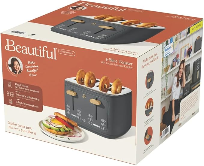 Beautiful 4-Slice Toaster by Drew Barrymore – Touch Display, Extra-Wide Slots, Bagel & Frozen Functions, Stainless Steel (Oyster Gray)