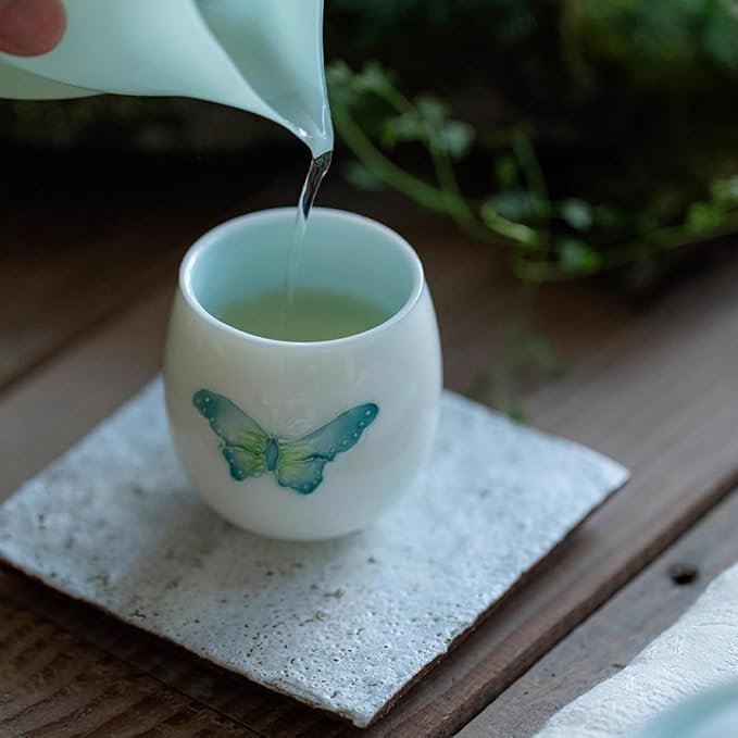 KAMMAK Tea Cup, 2.3oz Small Tea Cups Set of 2, White Porcelain Tea Cups, Ceramic Teacups for Home, Party, Office, Chinese Kungfu Tea Set for Hot/Cold Drink (Blue Butterflies)