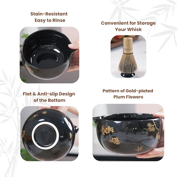 Matcha Whisk Set, Complete 8 Pcs Matcha Kit for Japanese Tea Ceremony, Ceramic Bowl with Spout, Bamboo Whisk, Spoon, Scoop, Sifter, Christmas Gift for Beginners and Matcha Lovers(Black)