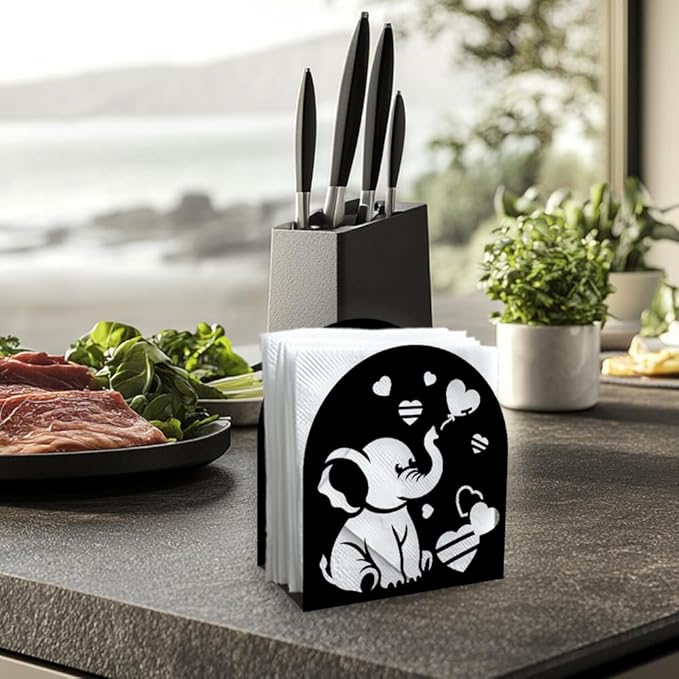 Elephant Decorative Black Metal Napkin Holder for Table, 5.3" x 4.9" x 1.9" Cute Animal Heart Standing Napkin Holder for Home Kitchen Restaurant Picnic Party Coffee Bar Dining Room