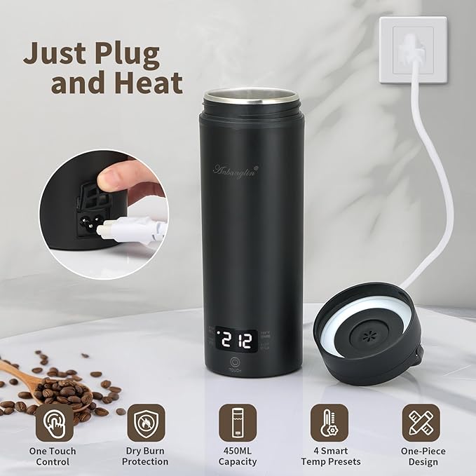 Travel Electric Tea Kettle, 450ML Small Water Boiler Kettle Electric with 4 Temp Settings, Auto Shut-Off & Boil Dry Protection, 304 Stainless Steel Portable Bottle Warmer for Travel, Black