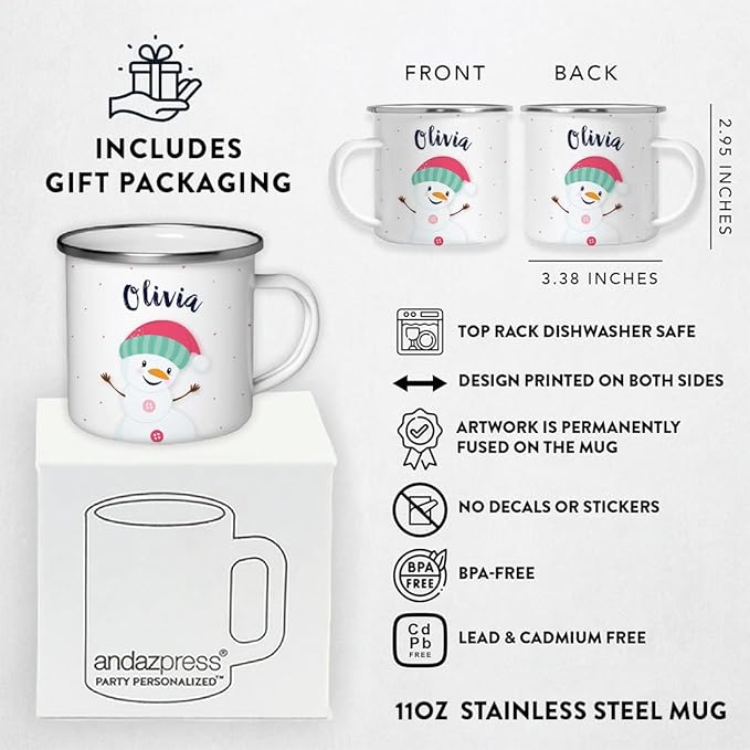 Andaz Press Personalized Name 11oz. Kids Christmas Hot Chocolate Stainless Steel Campfire Coffee Mug, Charming Snowman Pink Aqua Hat Hello, 1-Pack, Custom Birthday Xmas Cup Kids Hot Chocolate Mug