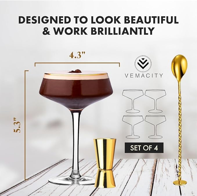 VEMACITY - Deluxe Espresso Martini Glasses Set of 4 | 10oz Coupe Glasses with Gold Rims for Champagne, Cosmopolitans - Includes Gold Jigger, Bar Spoon & eBook - | Ideal for Christmas & New Years