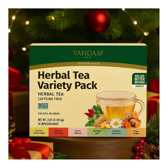 VAHDAM, Assorted Herbal Tea Variety Pack (6 Variants, 36 Tea Bags) Caffeine Free, Gluten Free, Non GMO | Eco Friendly Tea Bags I Christmas Tea Gift Set