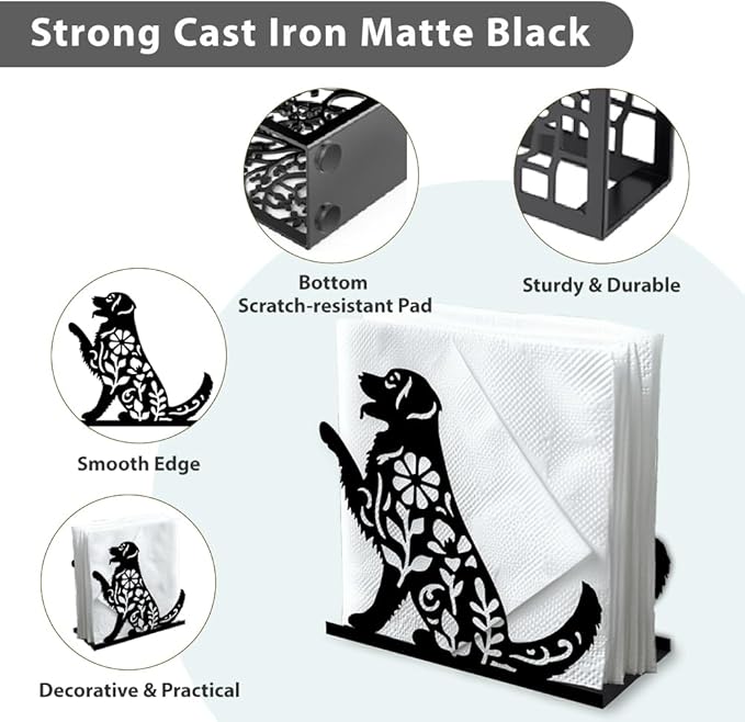 Labrador Dog Decorative Black Metal Napkin Holder for Table, 5.3" x 4.9" x 1.9" Dog Leaves Standing Napkin Holder for Home Kitchen Restaurant Picnic Party Coffee Bar Dining Room