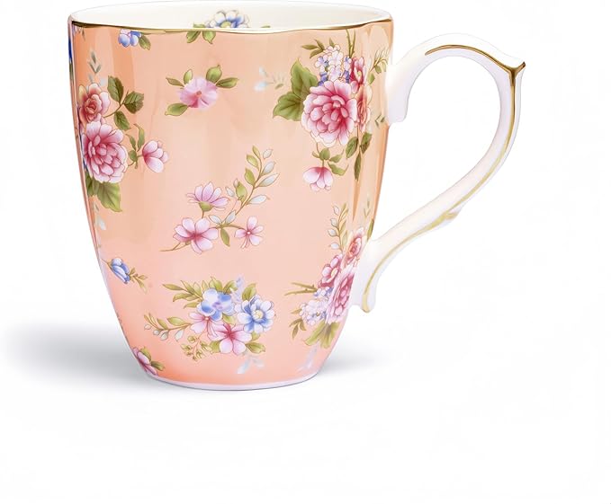 13oz Bone China Floral Mug with Gold Bone China Coffee Mugs Bone Teacup Christmas Mugs Birthday Gifts for Women Mom Friends Coworker