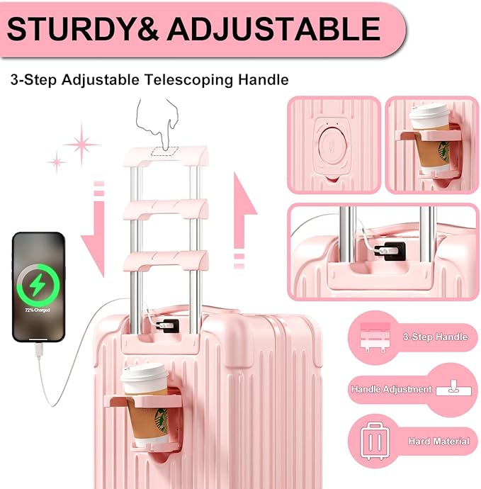 Krute Carry on Luggage 20 Inch Suitcases with Spinner Wheels Hardside Luggages Cup Holder Carry Suitcase USB Charger Port PC+ABS with TSA Lock