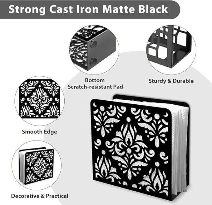 Retro Scrollwork Decorative Black Metal Napkin Holder for Table, 4.9" x 4.7" x 1.9" Damask Standing Napkin Holder for Home Kitchen Restaurant Picnic Party Coffee Bar Dining Room