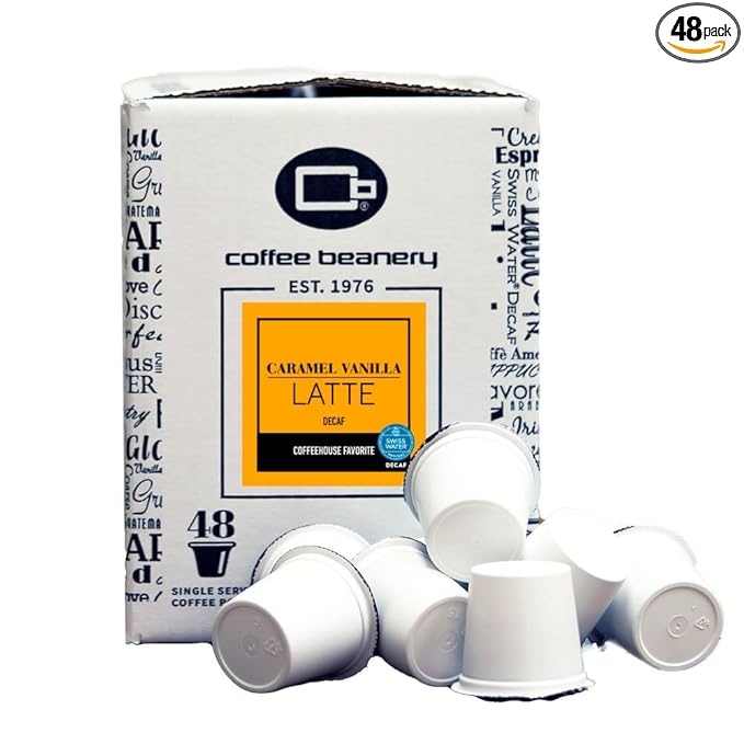 Caramel Vanilla Latte Decaf Coffee Pods by Coffee Beanery | 48ct Bulk Medium Roast Arbica Coffee