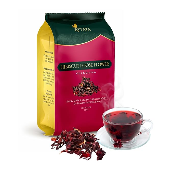 Attaya Natural Hibiscus Loose Flowers, Cut & Sifted 4oz | 100% Pure, Dried, Caffeine-Free | Antioxidant-Rich for Wellness & Relaxation.