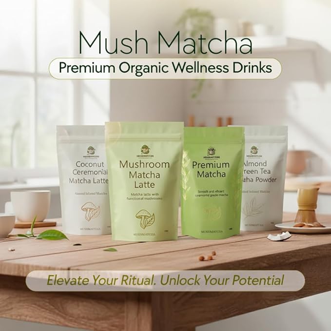 MushMatcha Premium Ceremonial Matcha Powder Grade 5A – Organic Green Tea for Lattes, Smoothies & Baking, Stone-Milled Pure Jade Leaf Blend, Unsweetened Formula with Smooth Taste, 100g Resealable Pouch