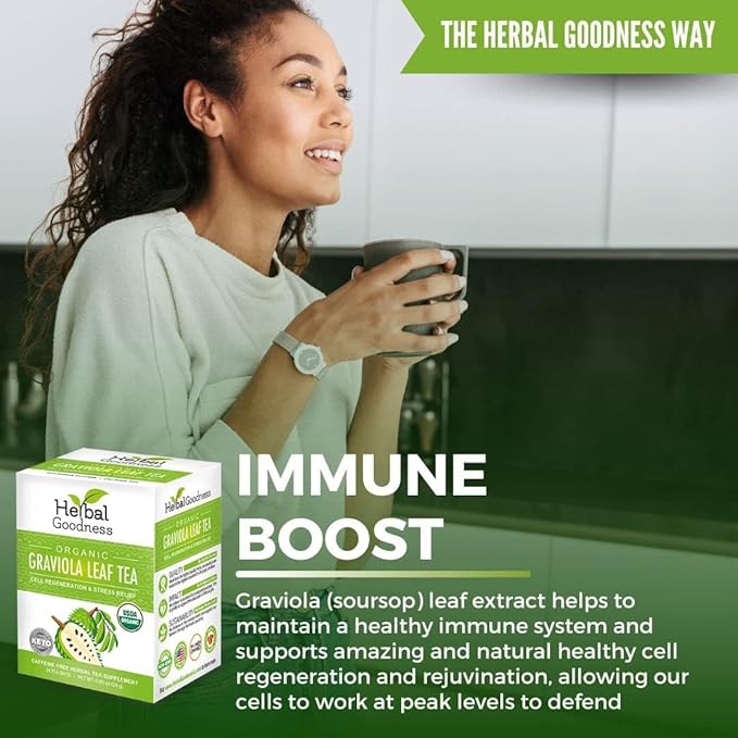 Graviola Leaf Soursop Tea - Organic Soursop Leaves | Hoja de Guanabana Leaves | Cell Support & Regeneration, Calm Relaxation - Caffeine Free - 24 Tea Bags - Herbal Goodness