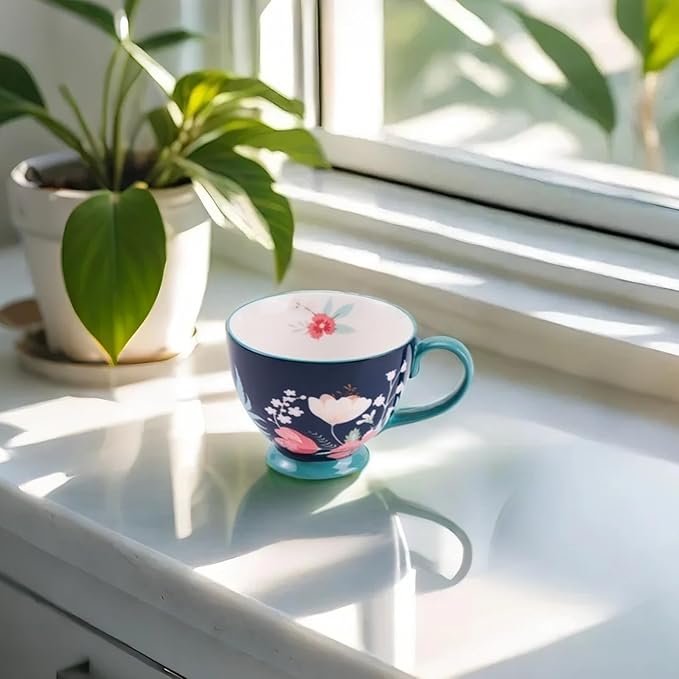 Autumn Handmade Large Ceramic Coffee Mug (20oz) Cute Cereal Vintage Flower Mugs Cozy Fall Gift Cup for Breakfast Oatmeal Tea & Hot Drinks with Floral Design