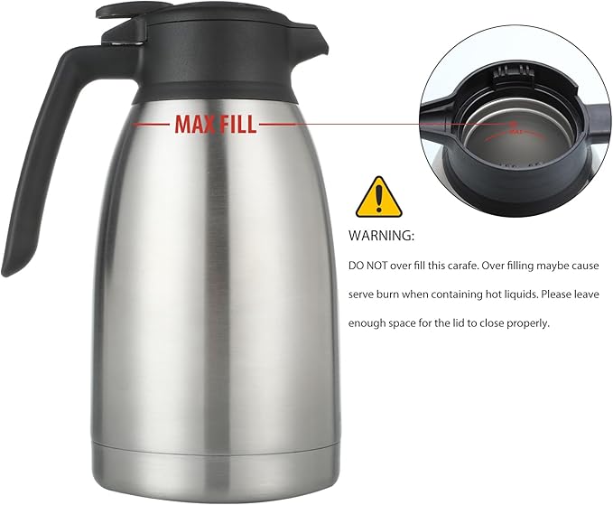 Heritage66 2L Thermal Coffee Carafe with Cleaning Brush – Triple-Wall Vacuum Insulated Stainless Steel Server, Keeps Drinks Hot 12 Hours/Cold 24 Hours, Leak-Proof Lid for Coffee, Tea & Water