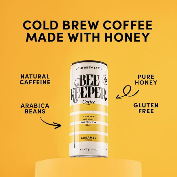 Beekeeper Caramel Cold Brew Coffee Drinks with Oregon Honey | 12 Pack Refreshing Iced Coffee - Unsweetened & Strong Arabica Brew, 8 fl oz Ready-to-Drink Can - 180mg Natural Caffeine