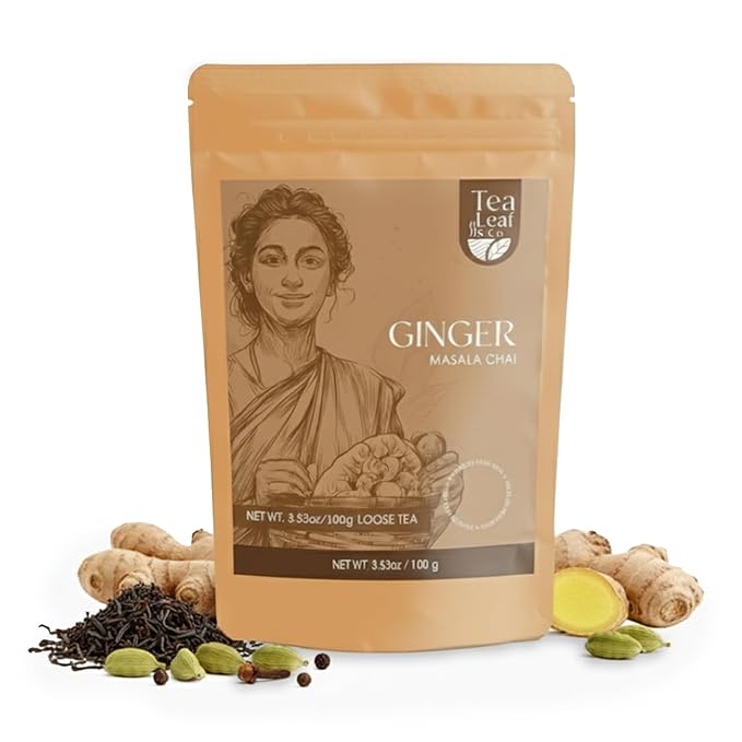 Tealeaf & Co. Ginger Masala Chai Loose Leaf Tea (100gm / 3.5oz) - Pure Black Tea Blend With Ginger, Cardamom, Black Pepper, Clove - Flavorful Spiced Chai For Daily Brewing - Low Caffeine - Gluten Free