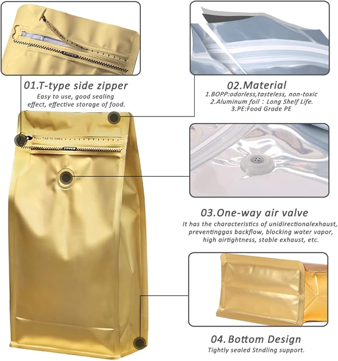 REMTAP Coffee Bags with Valve(50pcs,16 oz,1 lb) Gold High Barrier Aluminum Foil Flat Bottom Standing Coffee Beans Storage Bags,Reusable Heat Sealable Side Zipper Pouches for Home or Store