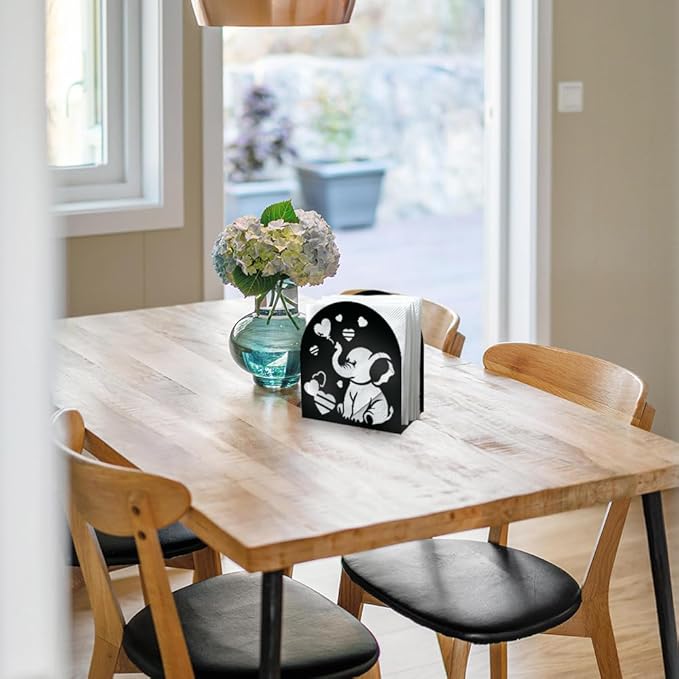 Elephant Decorative Black Metal Napkin Holder for Table, 5.3" x 4.9" x 1.9" Cute Animal Heart Standing Napkin Holder for Home Kitchen Restaurant Picnic Party Coffee Bar Dining Room