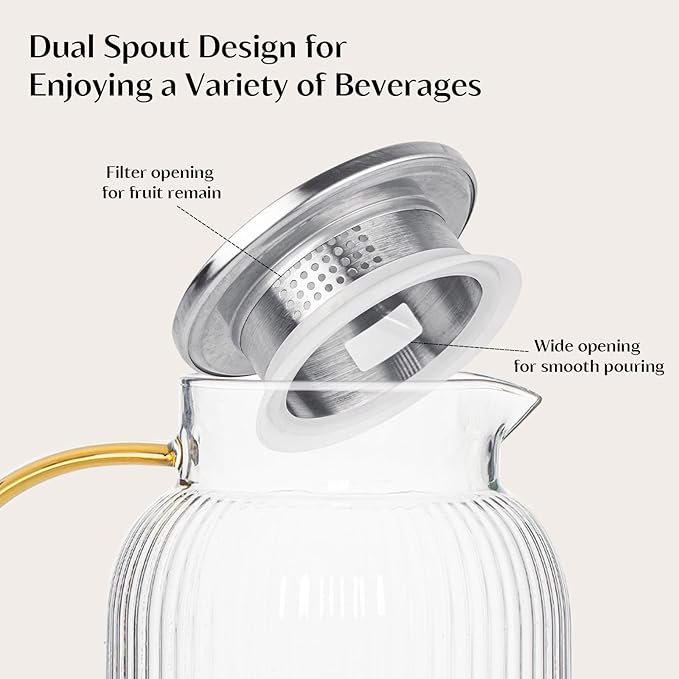 INSETLAN 68oz/2L Glass Pitcher with Lid and Spout, 2-Pack Ribbed Glass Jugs with Handle, Hot&Cold Water Pitcher for Iced Tea, Juice, Lemonade – Modern Carafe for Fridge or Table