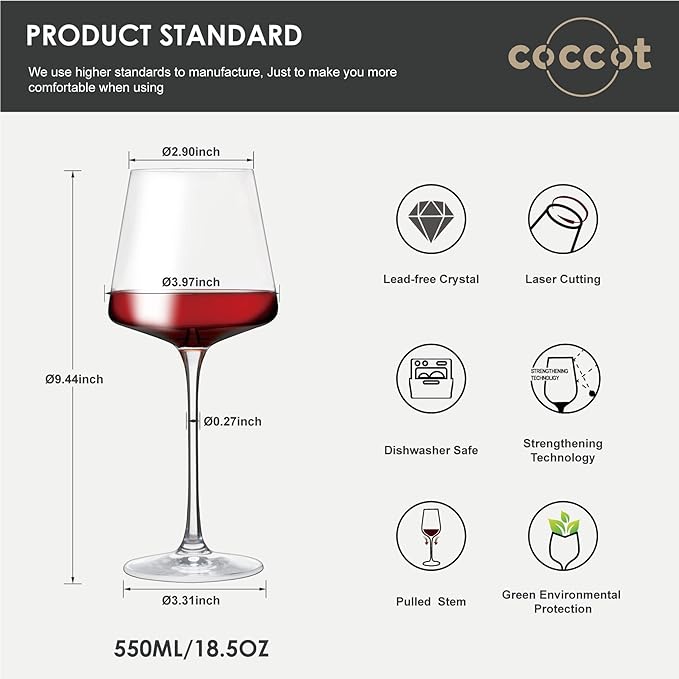 Wine Glasses Set of 6,Crystal White Wine Glasses,Red Wine Glass Set, Wine Glasses Long stem,Clear Lead-Free Premium Blown Glassware (18.5oz,6 pack)