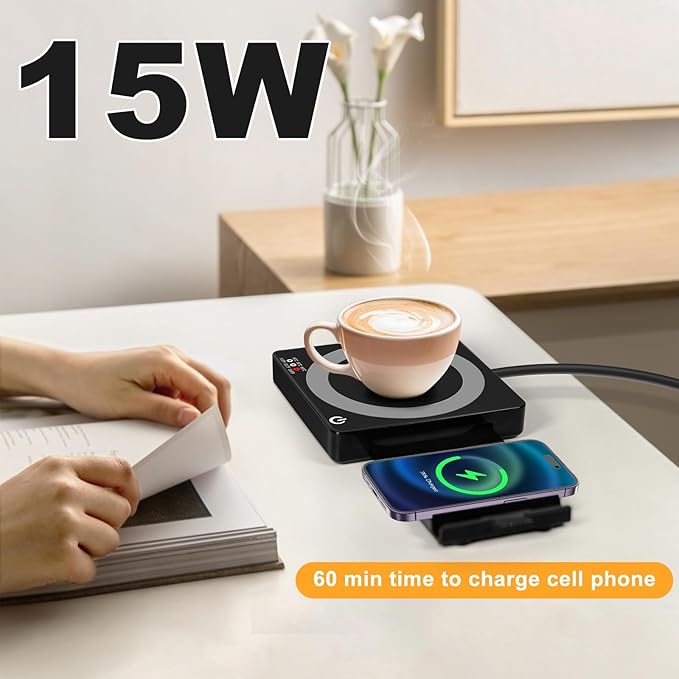 3 in 1 Coffee Mug Warmer with 15W Wireless Charger and Night Light for Home Office Desk Use with Auto Shut Off for Heating Coffee, Beverage, Milk, Tea, Hot Chocolate and Candle Wax
