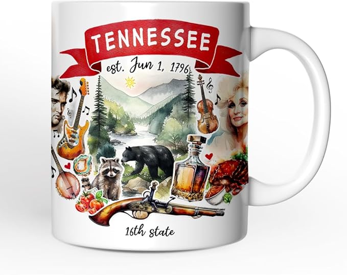OrnamentallyYou State Travel Landmark Mugs – 12 oz Ceramic Coffee Cups, U.S. Souvenir Gift for Tourists (Artistic Tennessee State Themes and Landmarks Mug)